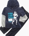 Dress your little quarterback like a pro in this two-piece set from Clubhouse: layered-look hoodie tee with football player graphic and lettering that reads You Can't Catch ME plus jeans-styled pants with zip fly.