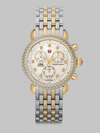 From the CSX Collection. A high contrast, technical timepiece with brilliant diamond accents. Quartz movementWater resistant to 5 ATMRound goldtone stainless steel case, 36mm (1.4) Diamond accented bezel and markers, .64 tcwMother-of-pearl dialSecond handDate-function at 6 o'clockTwo-tone stainless steel link bracelet, 18mm (0.7)Imported