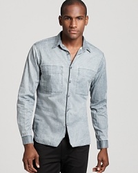 This stylishly worn-in linen shirt from Theory is a downtown-cool alternative to the classic sport shirt. This stylishly worn-in linen shirt from Theory is a downtown-cool alternative to the classic sport shirt.