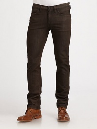 Five-pocket jeans offering a modern take on a classic American style.Button closureZip flyBelt loopsFive-pocket styleInseam, about 33Narrow-leg60% cotton/40% polyesterMachine washMade in USA Five-pocket jeans offering a modern take on a classic American style.Button closureZip flyBelt loopsFive-pocket styleInseam, about 33Narrow-leg60% cotton/40% polyesterMachine washMade in USA