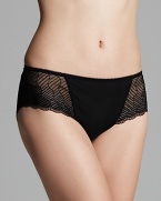 Patterned lace panels lend a soft finish to these high-cut bikini briefs from Wacoal. Style #843117