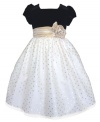She'll be the belle of the ball in this beautiful black and gold dress from Jayne Copeland. The polka dot skirt and rosette accent make it extra adorable.