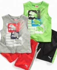 Ready for action. Get him suited for some speedy fun in this sporty muscle t-shirt and short set from Puma. Ready for action. Get him suited for some speedy fun in this sporty muscle t-shirt and short set from Puma.