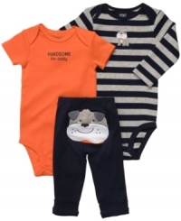 Keep his tail, and the rest of him, wagging in this comfy, cozy 3-piece bodysuits and pant set from Carter's. Keep his tail, and the rest of him, wagging in this comfy, cozy 3-piece bodysuits and pant set from Carter's.