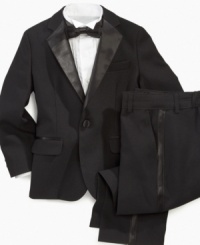 Miniature James Bond is ready for his close-up in this debonair tuxedo set from Nautica. Miniature James Bond is ready for his close-up in this debonair tuxedo set from Nautica.