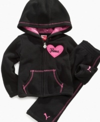 She'll race through the day in sporty style and comfort with this fun hoodie and pant set from Puma. She'll race through the day in sporty style and comfort with this fun hoodie and pant set from Puma.