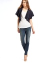 A great transitional piece with an open front design and beautiful draping.Open front Short sleeves Asymmetrical hem About 22 from shoulder to hem 96% cotton/4% spandex Machine wash Imported