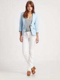 Featherweight linen in a cropped and fitted silhouette, nipped at the waist and tailored with a sharp peaked collar.Three-quarter sleevesSingle button closureBodice dartsWelt pocketsFlap hip pocketsDouble back ventAbout 26 from shoulder to hemLinenDry cleanImported of Italian fabricModel shown is 5'8½ (174cm) wearing US size 4. Featherweight linen in a cropped and fitted silhouette, nipped at the waist and tailored with a sharp peaked collar.Three-quarter sleevesSingle button closureBodice dartsWelt pocketsFlap hip pocketsDouble back ventAbout 26 from shoulder to hemLinenDry cleanImported of Italian fabricModel shown is 5'8½ (174cm) wearing US size 4.