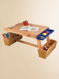 Unleash their imaginations! This deluxe art table gives budding artists everything they need to create their next masterpiece- deep storage compartments hold all their supplies while a handy drying rack keeps their finished pieces flawless. Unleash their imaginations! This deluxe art table gives budding artists everything they need to create their next masterpiece- deep storage compartments hold all their supplies while a handy drying rack keeps their finished pieces flawless.