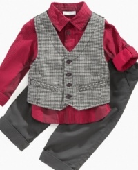 Dress him up for a night on the town in this adorable and charming 3 piece vest, shirt, and pant set by First Impressions. Dress him up for a night on the town in this adorable and charming 3 piece vest, shirt, and pant set by First Impressions.