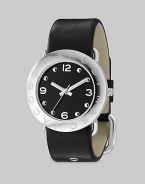 A subtly logo engraved bezel with sleek black dial and leather strap.Quartz movement Water resistant to 3 ATM Logo engraved bezel Round stainless steel case, 36mm, (1.41) Black dial Arabic numeral and dot hour markers Second hand Leather strap, 22mm, (.86) Buckle closure Imported 
