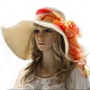 Luxury Lane Women's Beige Floppy Paper Straw Sun Hat with Removable Orange Scarf