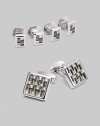 A luxury set that appoints a formal look with polished style, defined by Swarovski crystal detail in rhodium-plated metal. Set includes 2 cuff links and 4 matching shirt studs Cuff links: about ¾ square Shirt studs: about ¼ square Imported 