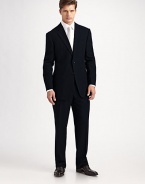 The essential black suit, timeless and elegant in 100% wool crepe. Made in Italy. Dry clean.JACKETTwo button silhouette with notch lapel Chest welt pocket Besom pockets Button cuffs Side vents Fully lined About 30 from shoulder to hemPANTSFlat front, belt loops Zip fly Lined to knee Quarter top pockets Side pockets Button back welt pockets Unfinished hemPlease note: Alterations are available at all Saks Fifth Avenue stores. 