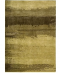Abstract and dramatic, this handcrafted wool rug features a rich spectrum of shades from light earth tones to deep gold. The ethereal coloration pattern is reminiscent of a desert landscape set in vibrant watercolors. An exclusive luster-wash finish gives the rug a beautiful, subtle finish. Abstract and dramatic, this handcrafted wool rug features a rich spectrum of shades from light earth tones to deep gold. The ethereal coloration pattern is reminiscent of a desert landscape set in vibrant watercolors. An exclusive luster-wash finish gives the rug a beautiful, subtle finish.