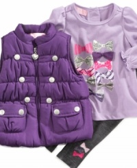 Give your sweet gal a little glam with this dolled up shirt, legging and vest set from Kids Headquarters. Give your sweet gal a little glam with this dolled up shirt, legging and vest set from Kids Headquarters.