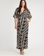 Behold, everything you want in a maxi dress. This design features an awe-inspiring print, a head-turning neckline and a classic Empire waist for definition. V-necklineElbow-length sleevesEmpire waistAllover printPull-on styleAbout 42 from natural waist48% rayon/42% polyester/10% spandexDry cleanMade in USA of imported fabric