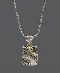 Sparkle, shine, and versatility. Balissima by Effy Collection's ribbon pendant complements both gold and silver jewelry. Crafted in sterling silver with 18k gold accents, this intricate pendant highlights a scrolling filigree design and sparkling, round-cut diamonds (1/4 ct. t.w.). Approximate length: 18 inches. Approximate drop: 1-1/2 inches x 1 inch. Sparkle, shine, and versatility. Balissima by Effy Collection's ribbon pendant complements both gold and silver jewelry. Crafted in sterling silver with 18k gold accents, this intricate pendant highlights a scrolling filigree design and sparkling, round-cut diamonds (1/4 ct. t.w.). Approximate length: 18 inches. Approximate drop: 1-1/2 inches x 1 inch.