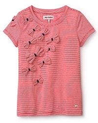 A cute cluster of bows from the right shoulder to the front sweetens this striped tee from Juicy Couture. A cute cluster of bows from the right shoulder to the front sweetens this striped tee from Juicy Couture.