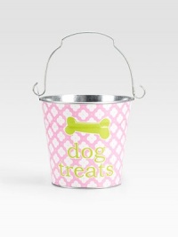 An adorable galvanized bucket is the perfect place for a pup's treats or playthings. It's also a clever gift basket, ready to fill and give to a favorite doglover. Top handle 5½H X 6½ diameter Made in USA Please note: Each bucket is made to order, so please allow 3-4 weeks for delivery. 