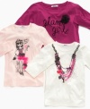Fun girlie t-shirts with unique graphics by DKNY. Get all three to add to her solid colored t-shirt collection. Also makes a great gift.