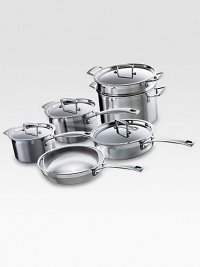 This essential collection of Le Creuset stainless steel is perfect for newlyweds or a new kitchen. Tri-ply construction with full aluminum cores provide even, all-around heat distribution while eliminating hot-spots and scorching. Set includes a fry pan, 2 QT. saucepan with lid, saucepan with lid, sauté pan with lid, pasta insert and stockpot with lid. This essential collection of Le Creuset stainless steel is perfect for newlyweds or a new kitchen. Tri-ply construction with full aluminum cores provide even, all-around heat distribution while eliminating hot-spots and scorching. Set includes a fry pan, 2 QT. saucepan with lid, saucepan with lid, sauté pan with lid, pasta insert and stockpot with lid.