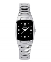A black dial with diamond accent markers is so sophisticated. Stainless steel bracelet and case, and 3-hand movement. Water resistant up to 30 meters. Three-year limited warranty. A black dial with diamond accent markers is so sophisticated. Stainless steel bracelet and case, and 3-hand movement. Water resistant up to 30 meters. Three-year limited warranty.