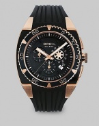 A sporty design with singular style, constructed with Swiss precision and a unidirectional rotating bezel. Three-eye chronograph Anti-reflective glass Iconic plated case Polyurethane strap Second hand Water-resistant to 10 ATM Date display at 4 o'clock Round case, 44mm, 1.73 Swiss quartz movement Imported 