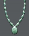 Whisk yourself away to the tropics with cool ocean hues. Crafted out of beautiful jade ovals (9 mm x 15 mm), beads (4 mm), and a teardrop-shaped pendant. 14k gold clasp. Approximate length: 18 inches.