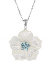 Say it with a flower. This sterling silver necklace, with white mother of pearl (30 mm) and round-cut blue topaz (7/8 ct. t.w.), makes an elegant statement. Approximate length: 18 inches. Approximate drop: 1-1/2 inches. Say it with a flower. This sterling silver necklace, with white mother of pearl (30 mm) and round-cut blue topaz (7/8 ct. t.w.), makes an elegant statement. Approximate length: 18 inches. Approximate drop: 1-1/2 inches.