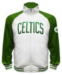 The Most Valuable Fan wears this baseball style running jacket featuring the Boston Celtics by Majestic. The Most Valuable Fan wears this baseball style running jacket featuring the Boston Celtics by Majestic.
