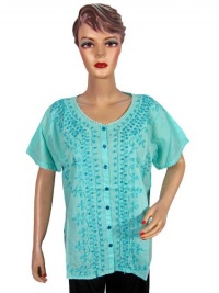 Bohemian Indian Fashion Stylish Aqua Floral Embroidered Cotton Top Blouse for Womens Size Xl Bohemian Indian Fashion Stylish Aqua Floral Embroidered Cotton Top Blouse for Womens Size Xl