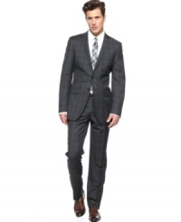 Not sure if the suit makes the man? Try on this slim-fit charcoal plaid style from DKNY and see if you don't feel like a winner. Not sure if the suit makes the man? Try on this slim-fit charcoal plaid style from DKNY and see if you don't feel like a winner.