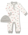 After his morning bath, he'll enjoy getting cozy in this 2 piece coverall set by Carter's. Includes cute matching hat.