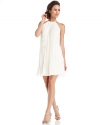 Xscape's dress features a high halter neckline and flattering pleating that creates a trapeze-style silhouette. Pair with jeweled heels for a rehearsal dinner or reception! Xscape's dress features a high halter neckline and flattering pleating that creates a trapeze-style silhouette. Pair with jeweled heels for a rehearsal dinner or reception!