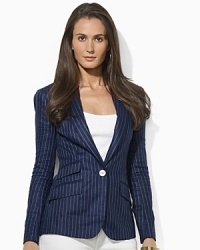 A chic tailored construction and slim pinstripes lend an air of vintage elegance to the Valerine jacket. A chic tailored construction and slim pinstripes lend an air of vintage elegance to the Valerine jacket.