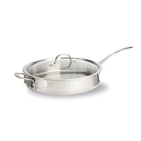 This Tri-Ply Calphalon sauté pan features an updated lid design to give lower profile and a cool V stainless steel handle. Classic vessel design, induction capable magnetic stainless steel exterior. This Tri-Ply Calphalon sauté pan features an updated lid design to give lower profile and a cool V stainless steel handle. Classic vessel design, induction capable magnetic stainless steel exterior.