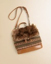 Rendered in a combination of luxuriously soft faux fur and classic Fair Isle, an adorable bag features a flap closure with faux leather detailing for a cute, modern look.Single top handleTop snap-flap closureDetachable shoulder strapInterior drawstringInside patch pocket with faux leather trimFully lined plaid interiorReinforced faux leather bottom77% wool/23% cottonTrim: 83% acrylic/17% polyesterImported