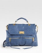 A roomy carryall for your day-to-day essentials, crafted from ostrich-embossed leather. Top handle, 2½ dropAdjustable, detachable shoulder strap, 21-23 dropTurnlock closure on front flapTwo outside zip pocketsTwo outside open pocketsOne inside zip pocketThree inside open pocketsNylon printed lining12W X 11H X 4DImported