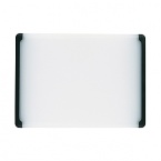 Chop, dice, mince and carve on the OXO Good Grips Cutting Board. The Board feature soft, tapered handles for easy lifting and carrying and non-slip edges that keep the Board securely in place during use. Prepare multiple dishes for the entire family on the Utility Cutting Board. All size straight Boards have juice grooves on one side that retain liquids; use the grooved side for meats and the solid side for vegetables to prevent cross contamination. The Board is made of durable, non-porous, odor-resisting polypropylene that resists deep scratches and wont dull sharp knives. Dishwasher safe.