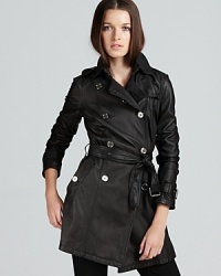 Uptown polish meets downtown attitude as supple lambskin injects the classic Althorpe Burberry Brit trench coat with contemporary edge. Uptown polish meets downtown attitude as supple lambskin injects the classic Althorpe Burberry Brit trench coat with contemporary edge.