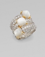 A statement piece with three mother-of-pearl sugarloafs set in white sapphire encrusted sterling silver with 18k gold accents. Mother-of-pearlWhite sapphireSterling silver18k goldWidth, about 1Imported