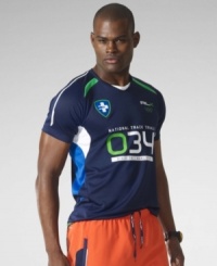 The ultimate performance tee is rendered in breathable moisture-wicking Coolmax® microfiber with bold neon piecing and reflective details -- a must-have for nighttime visibility. The ultimate performance tee is rendered in breathable moisture-wicking Coolmax® microfiber with bold neon piecing and reflective details -- a must-have for nighttime visibility.