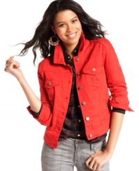Tinseltown takes the ever-popular denim jacket to trend-right heights, designing this style in a totally vibrant, crimson wash! Layer the jacket over an ensemble of neutrals for a chic pop of color. Tinseltown takes the ever-popular denim jacket to trend-right heights, designing this style in a totally vibrant, crimson wash! Layer the jacket over an ensemble of neutrals for a chic pop of color.