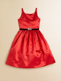 A luxe Satin Party Dress is adorned with a deco-style buckle and finished with a full, tulle-filled skirt for a timelessly pretty look.Straight necklineSlim shoulder strapsThree-button back closureTulle-filled skirtFully linedCottonDry cleanImported Please note: Number of buttons may vary depending on size ordered. 