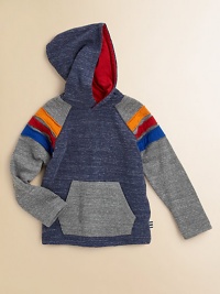 An essential hoodie is handsomely sporty in a colorblocked design with long raglan sleeves and bold stripes.Attached hoodLong raglan sleevesPullover styleKangaroo pocket74% cotton/21% polyester/5% rayonMachine washImported An essential hoodie is handsomely sporty in a colorblocked design with long raglan sleeves and bold stripes.Attached hoodLong raglan sleevesPullover styleKangaroo pocket74% cotton/21% polyester/5% rayonMachine washImported
