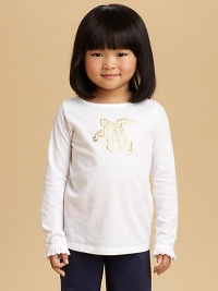 Long-sleeve crewneck with sparkly turtle print on the front, styled with feminine ruffle cuffs. Crewneck Sparkly turtle print Long sleeves with ruffle trim at cuffs Cotton/modal Machine wash Imported Long-sleeve crewneck with sparkly turtle print on the front, styled with feminine ruffle cuffs. Crewneck Sparkly turtle print Long sleeves with ruffle trim at cuffs Cotton/modal Machine wash Imported