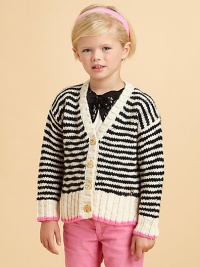 Bold stripes with bolder ribbed trim is soft and smart, detailed with big gold buttons and pastel tipping at the hem.V necklineButton frontChest crestLong sleeves with ribbed color-tipped cuffsWide ribbed color-tipped hem with heart charmAcrylic/wool/alpacaDry cleanImported Please note: Number of buttons may vary depending on size ordered. Bold stripes with bolder ribbed trim is soft and smart, detailed with big gold buttons and pastel tipping at the hem.V necklineButton frontChest crestLong sleeves with ribbed color-tipped cuffsWide ribbed color-tipped hem with heart charmAcrylic/wool/alpacaDry cleanImported Please note: Number of buttons may vary depending on size ordered.