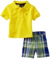 Nautica Sportswear Kids Baby-boys Infant Short Sleeve Solid Polo with Plaid Short, Yellow, 12/18