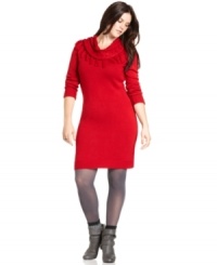 Score fresh fall style with Pink Rose's plus size sweater dress, finished by a fringed cowl neckline. Score fresh fall style with Pink Rose's plus size sweater dress, finished by a fringed cowl neckline.